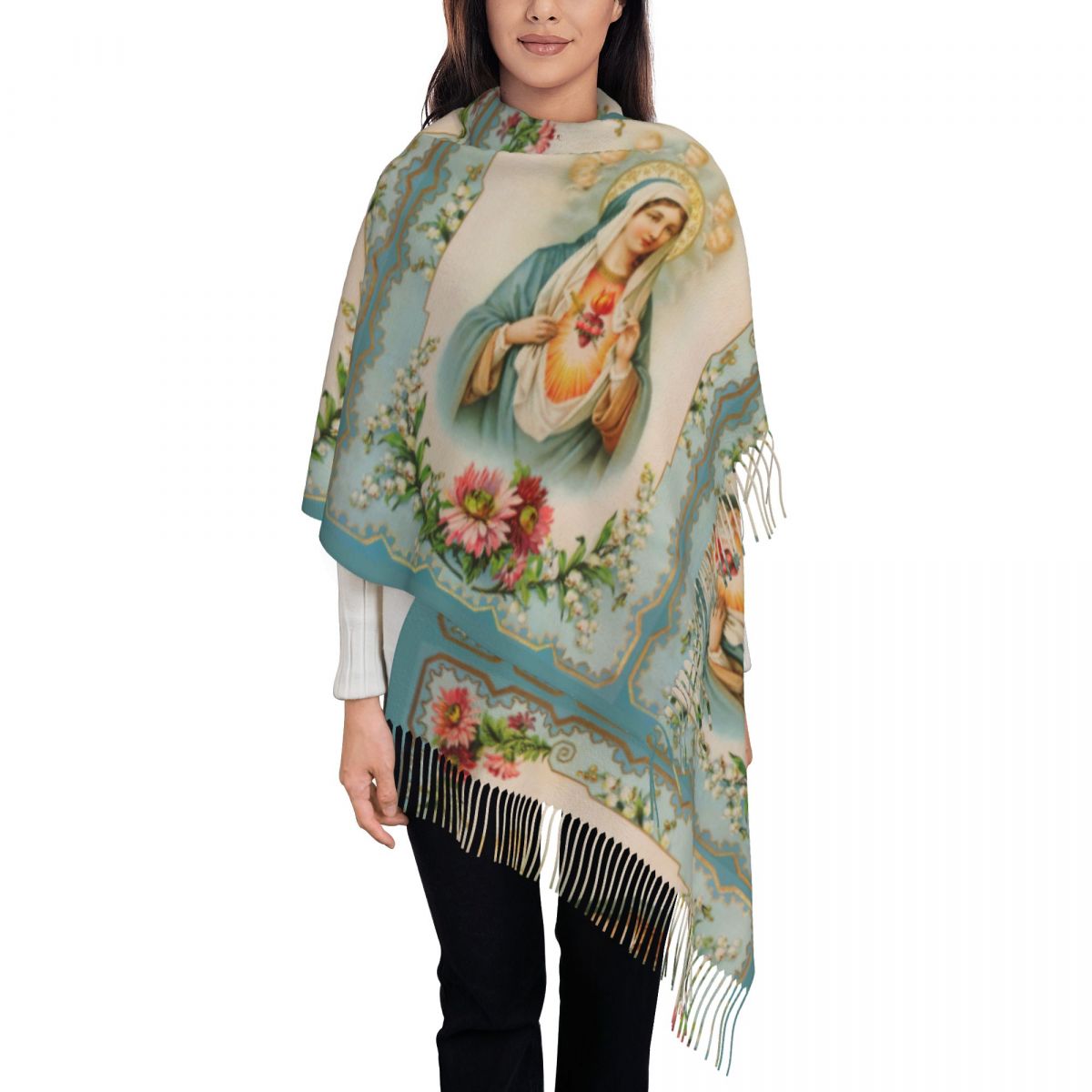 Cashmere Scarf Wrap - Women's Scarf with Tassel Virgin Mary