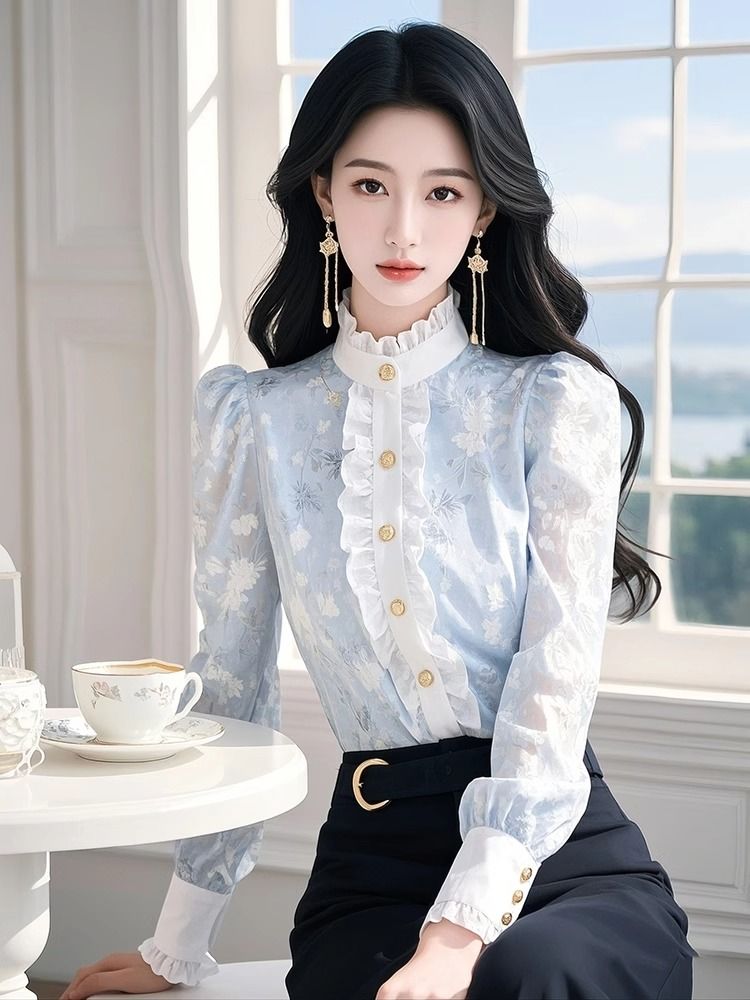 Winter Clothing Factory Outlet - Blue Floral Chiffon Shirt with Ears