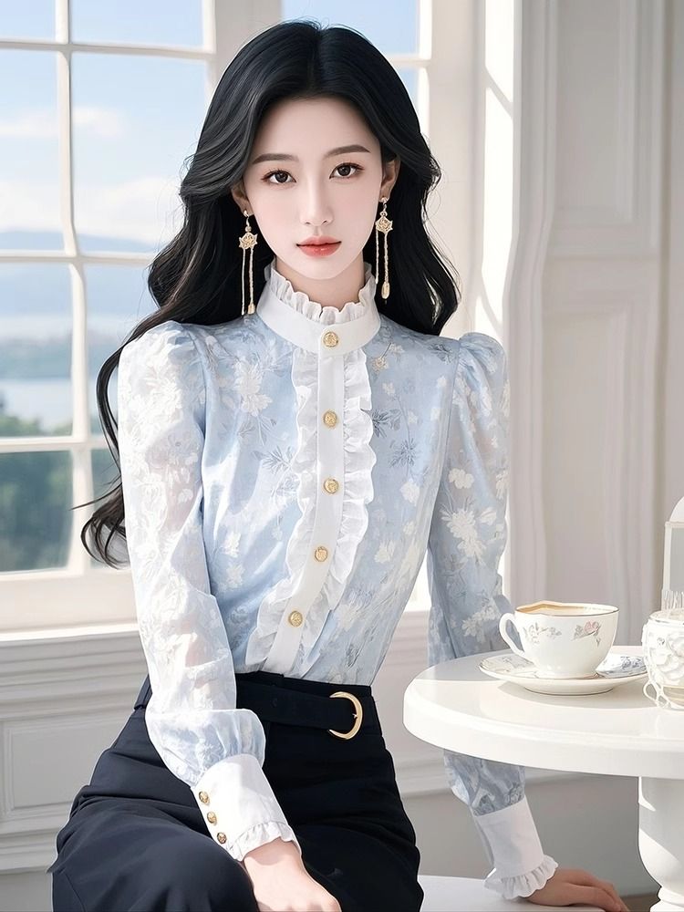 Blue Floral Chiffon Shirt with - đánh giá và giá Winter Clothing Factory Outlet
