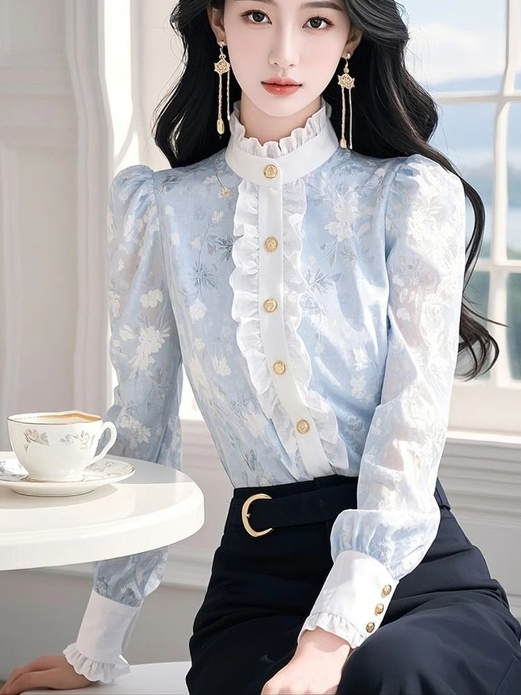 Blue Floral Chiffon Shirt with - đánh giá và giá Winter Clothing Factory Outlet