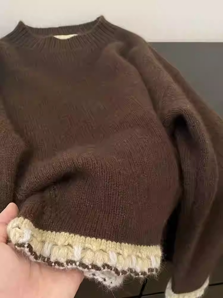 Women's Brown Patchwork Pullov - đánh giá và giá Winter Clothing Factory Outlet