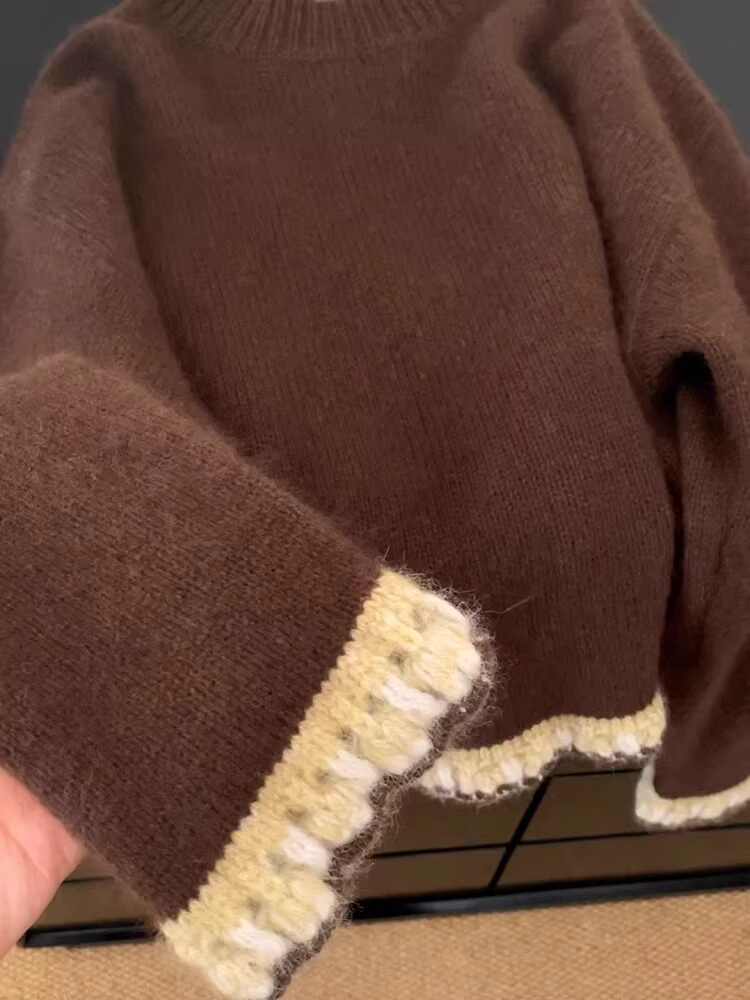 Women's Brown Patchwork Pullov - đánh giá và giá Winter Clothing Factory Outlet