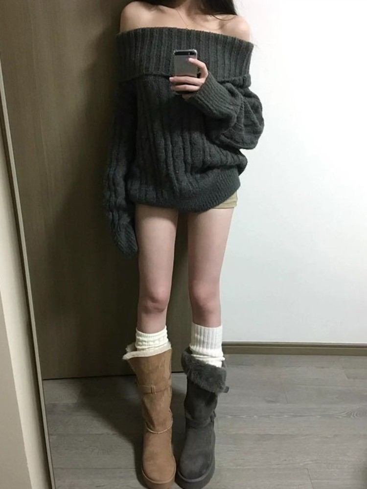 French Design Grey Off Shoulde - đánh giá và giá Winter Clothing Factory Outlet